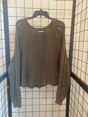 American Eagle Outfitters Olive Open-Knit Crewneck Sweater